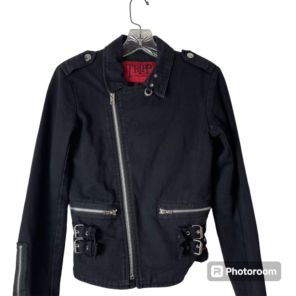 Tripp NYC Black Moto D Ring Jean Jacket Sz XS Cropped Buckle Accents Zippers Y2K
